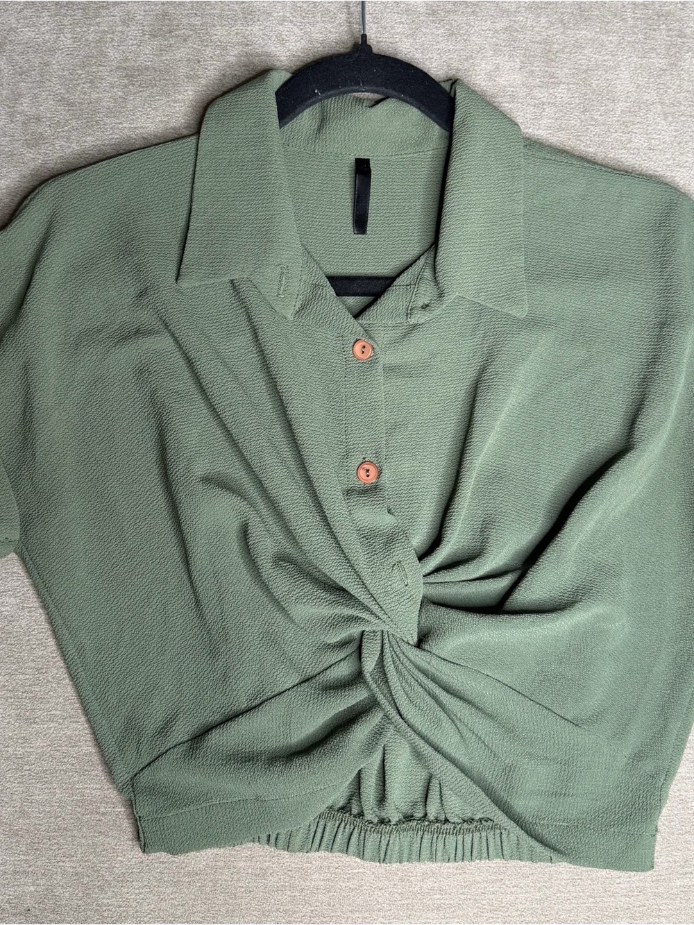 Button-Front Olive Green Twist Hem Collared Top